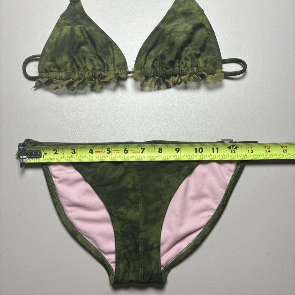 Xhilaration Women's Green and Pink Camo Ruffle Trim Tie Dye Triangle Bikini Set - Picture 4 of 8